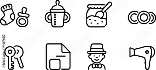 Set of diverse icons depicting baby essentials documents a person and a hairdryer