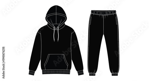 Black hoodie and sweatpants set displayed as a simple line drawing