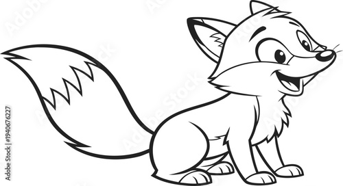 Cute cartoon fox with fluffy tail smiling fox cute animal black and white