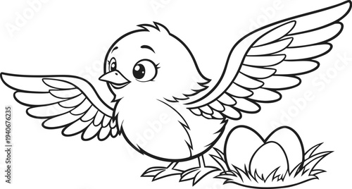 Cute chick standing with spread wings beside eggs in grass bird