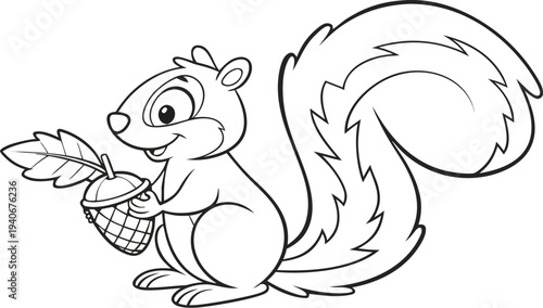 Cute cartoon squirrel holding acorn and leaves black and white