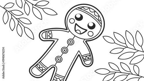 Gingerbread man with icing decoration and leaves coloring page black and white line icing decoration