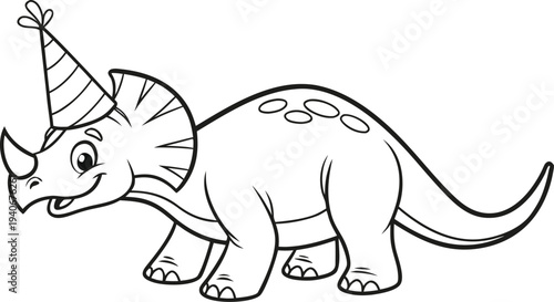 Cute triceratops wearing party hat black and white line dinosaur line coloring page