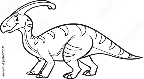 Parasaurolophus dinosaur coloring page with curved crest on head black and white