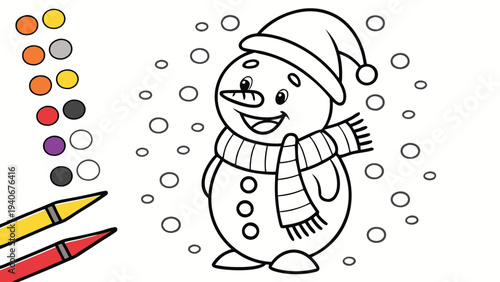 Snowman wearing santa hat and scarf with color palette and crayons coloring page