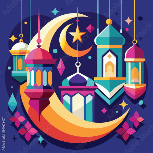 Geometric Crescent Moon with Lanterns Ramadan Kareem Vector Design