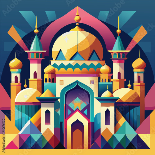 Abstract Geometric Mosque Illustration Ramadan Mubarak Greeting Vector