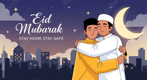 Eid Mubarak illustration of two Muslim men hugging with city skyline background
