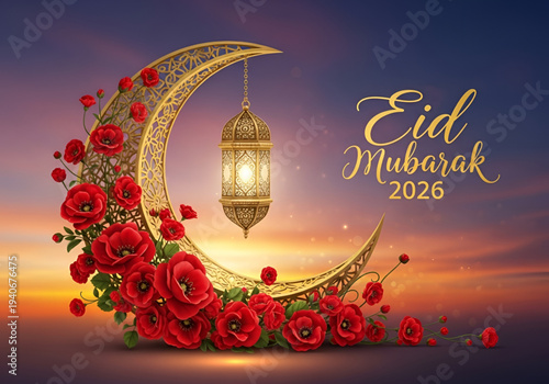 Eid Mubarak 2026 greeting with golden crescent moon and red roses