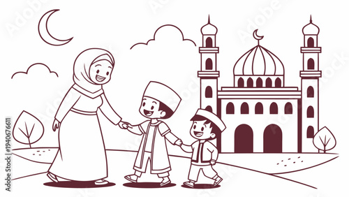 Muslim family walking towards mosque on Eid celebration cartoon coloring page