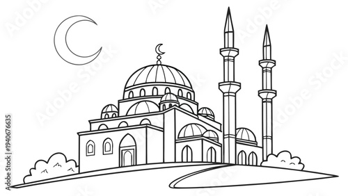 Mosque with crescent moon and minarets coloring page domes arches
