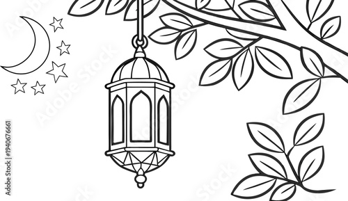 Eid lantern hanging from tree branch with leaves moon and stars hanging lantern decorative lantern