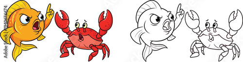 Angry Cartoon Fish and Scared Crab Colorful and Coloring Page Version
