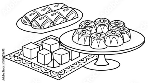 Eid sweets coloring page with traditional dessert offerings desserts