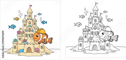 Cute Cartoon Clownfish Builder with Sandcastle Coloring Page Included