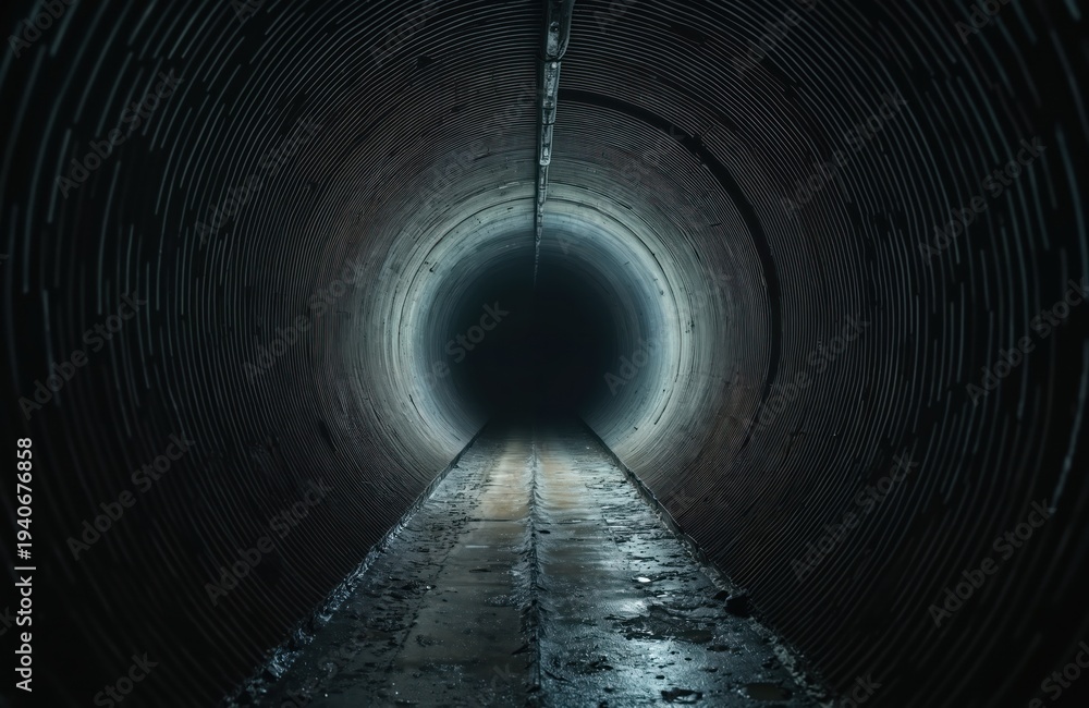 Fototapeta premium Endless dark tunnel interior with corrugated metal walls and wet pathway. A stark perspective leading into deep shadow and mysterious unknown abyss.