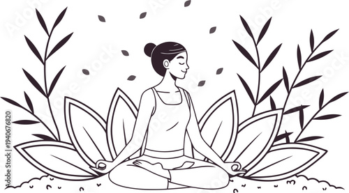 Woman sitting in lotus pose with plants yoga meditation