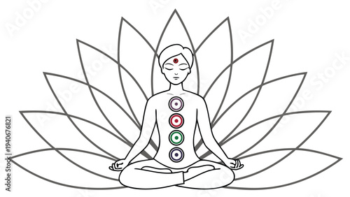 Woman meditating in lotus position with chakra symbols on body yoga meditation energy alignment