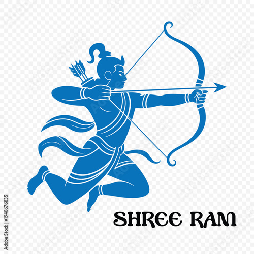 A blue illustration of Lord Rama holding a bow and arrow