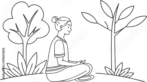 Woman sitting in lotus position between two plants in black and white yoga meditation