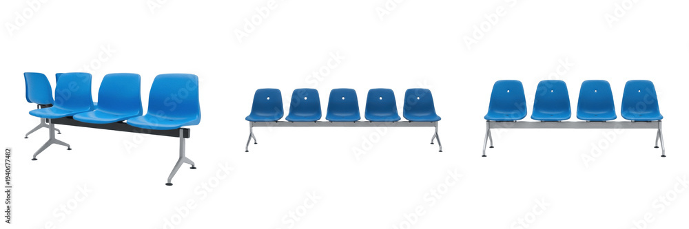 Obraz premium Set of blue waiting room chairs collection isolated on transparent background plastic airport seating bench png