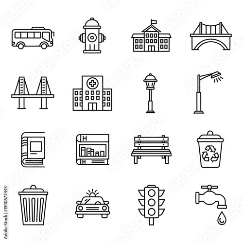 City Icons: Bus, Fire Hydrant, School, Bridge, Street Lamp, Trash Can, Police Car, Traffic Light