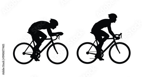 Two cyclists in silhouette ride road bikes showcasing athletic posture