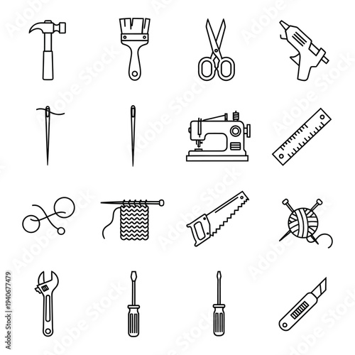 Craft and DIY Tool Icons: Hammer, Paint Brush, Scissors, Sewing Machine, Saw, Knitting, Screwdriver