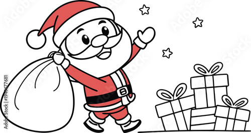 Santa claus waving with sack and gifts presents