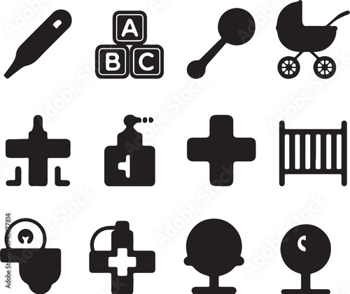 Nurturing Essentials: A curated collection of baby-related icons, each representing a vital aspect of infancy. These monochrome icons encompass everything needed for a nurturing start.