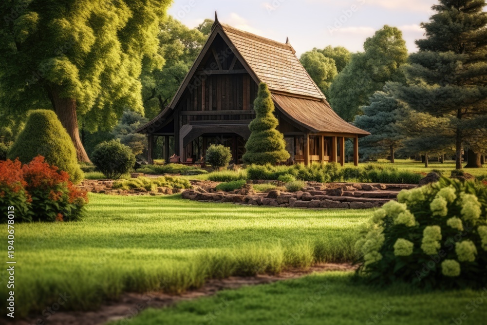 Fototapeta premium A picturesque house situated in the middle of a vibrant, green field. Perfect for nature lovers and those seeking tranquility in rural landscapes..