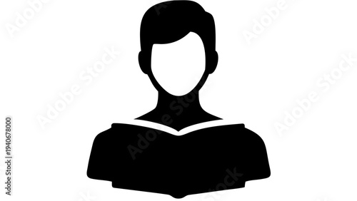 user profile reading book silhouette icon, minimal black vector avatar, transparent background