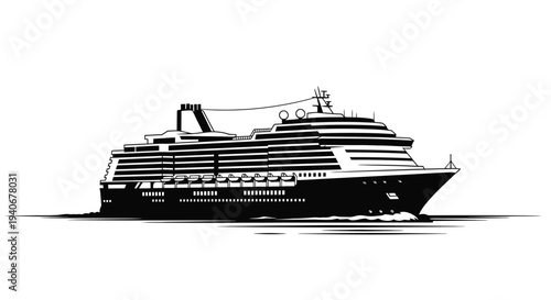A detailed black and white illustration of a large cruise ship at sea