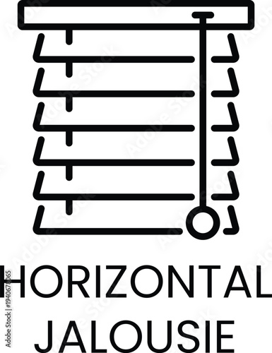 Black line of horizontal blinds with text H O R I Z O N T A L J A L O U S I E window jalousie venetian blinds