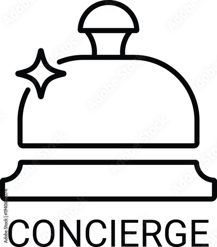 Black outline concierge bell with sparkle and text service hotel reception