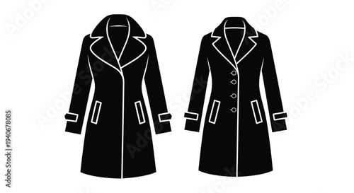Two black and white illustrations of women s coats with distinct styles