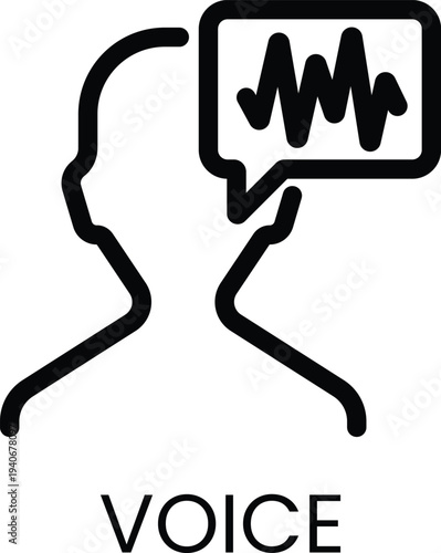 Black outline of a person speaking with a sound wave in a speech bubble and the word V O I C E voice