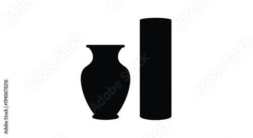 Two black silhouettes of vases one tall and cylindrical one shorter and rounded