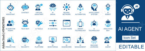 AI Agent Icon Set. Featuring Artificial Intelligence, Chatbot, Neural Network, Automation, and Smart Technology icons for Digital Transformation and Data Science.