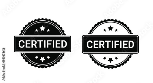 Two black and white certified badges with stars in a circular design