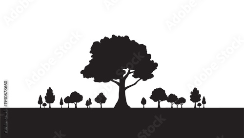Trees silhouette landscape featuring a large central tree with a cluster of smaller trees on the ground