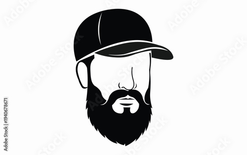 Minimalist Man Head with Beard and Cap Vector Illustration with Black And White