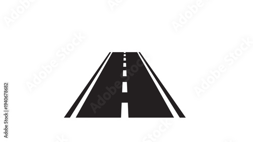 Road graphic with perspective lines and white dashes on a black surface, symbolizing travel and journey.