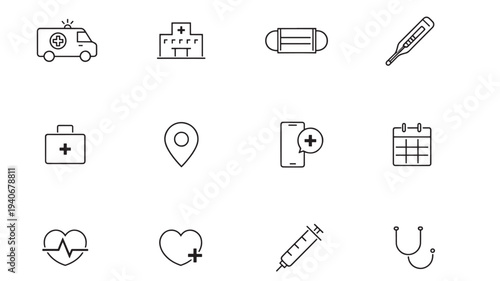 Medical icons set with ambulance, hospital, mask, thermometer, first aid kit, pin, phone, calendar, heart monitor, heart plus, syringe, stethoscope