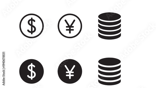 Currency icons featuring dollar and yen symbols, along with stacks of coins, presented in both outline and solid black styles for financial