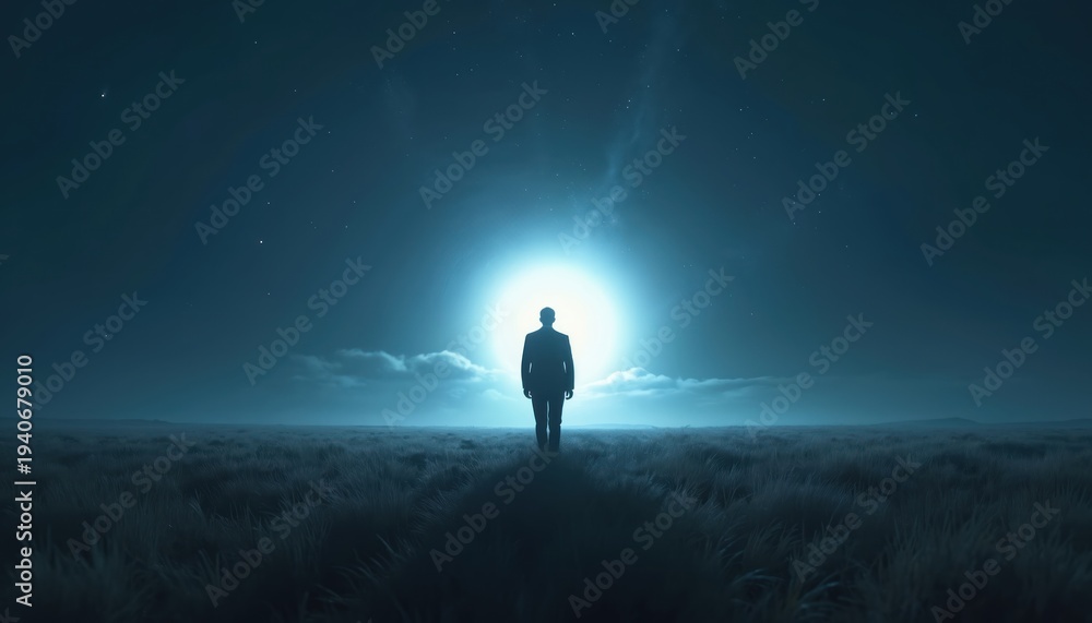 Fototapeta premium Man in suit walks across vast dark field under bright moonlit sky. Silhouette figure strides toward luminous orb. Mysterious night landscape, solitary journey through grass.