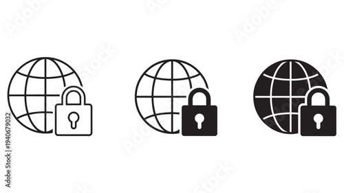 Globe with padlock icons representing secure internet access, cybersecurity, and online safety, rendered in clean line art and solid fill styles.