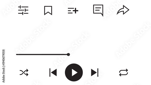 Media player interface icons with play, pause, skip, shuffle, and repeat controls, alongside a progress bar and action buttons.
