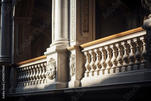 A detailed view of a building featuring prominent columns and a clock. This image can be used to represent architecture, time, history, or landmarks..