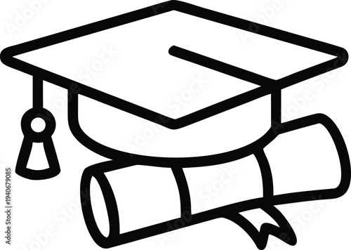 Graduation Cap and Diploma Scroll Line Art Icon